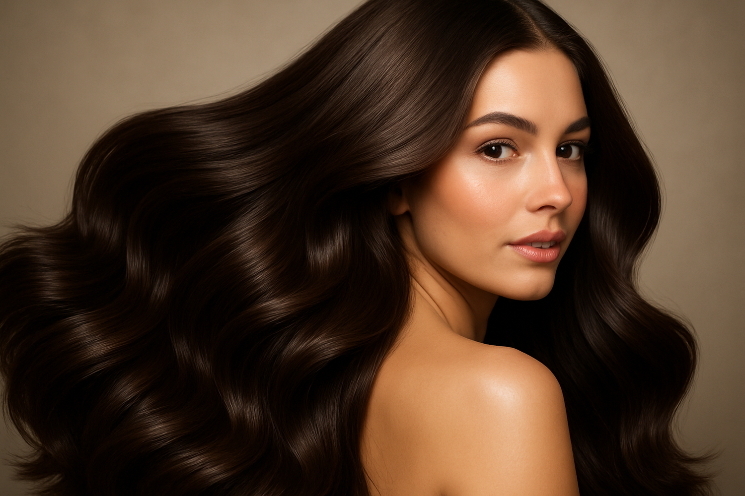 a woman looking over her shoulder with healthy glossy hair filling the frame